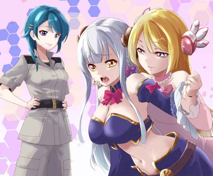 3girls aizawa_kazuha assault_lily asymmetrical_hair bare_shoulders behind_another belt black_belt blonde_hair blue_background blue_eyes blue_hair blue_skirt blue_sleeves blunt_bangs bow bowtie braid breasts chiyoda_momo chiyoda_momo_(cosplay) choker cleavage closed_mouth commentary_request commission cosplay crisis_management_form_(machikado_mazoku) crop_top demon_horns detached_collar detached_sleeves dress earth_federation frilled_choker frilled_sleeves frills gold_trim gradient_background grey_background grey_jacket grey_pants gundam hair_behind_ear hair_bow hair_ornament hairclip hand_on_another&#039;s_cheek hand_on_another&#039;s_face hand_up hands_on_own_hips hands_up highres holding_another&#039;s_wrist honeycomb_(pattern) honeycomb_background horns jacket juliet_sleeves kon_kanaho large_breasts leaning_forward long_hair long_sleeves looking_at_another looking_at_viewer machikado_mazoku medium_breasts medium_hair midriff military military_uniform miyagawa_takane multicolored_background multiple_girls naughty_face navel open_mouth pants pink_bow pink_bowtie pink_choker pink_dress pink_sleeves pixiv_commission puffy_sleeves purple_background purple_bow purple_eyes raised_eyebrows short_sleeves side_braid sidelocks silver_hair skirt smile standing stomach strapless strapless_dress swept_bangs urutsu_sahari yellow_eyes yoshida_yuuko_(machikado_mazoku) yoshida_yuuko_(machikado_mazoku)_(cosplay) yuri