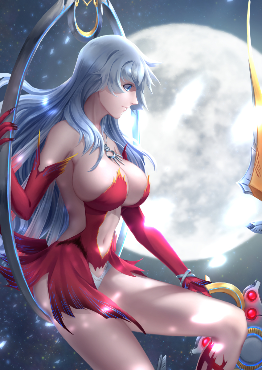 1girl absurdres airysher artemis_(fate) artemis_(third_ascension)_(fate) bare_legs bare_shoulders blue_eyes breasts cleavage closed_mouth clothing_cutout commentary_request dress elbow_gloves fate/grand_order fate_(series) female_focus floating_hair from_side full_moon gloves highres hoop jewelry large_breasts legs long_hair looking_down moon navel navel_cutout neck necklace night night_sky red_dress red_gloves revealing_clothes serious short_dress sideboob silver_hair sitting sky solo strapless strapless_dress very_long_hair