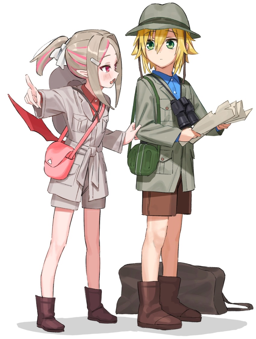 1boy 1girl alternate_costume alternate_hairstyle bag bat_wings binoculars blonde_hair boots breast_pocket brown_hair closed_mouth clothes_tug collared_shirt dress_shirt fang green_eyes green_jacket hair_between_eyes hair_intakes hat highres holding holding_map jacket lapels looking_at_another makaino_ririmu map map_(object) multicolored_hair nijisanji notched_lapels open_mouth parted_bangs pink_bag pink_eyes pink_hair pocket pointy_ears ponytail shirt short_hair short_ponytail short_shorts shorts shoulder_bag simple_background skin_fang streaked_hair suisei_lens two-tone_hair unworn_hat unworn_headwear uzuki_kou virtual_youtuber white_background wings