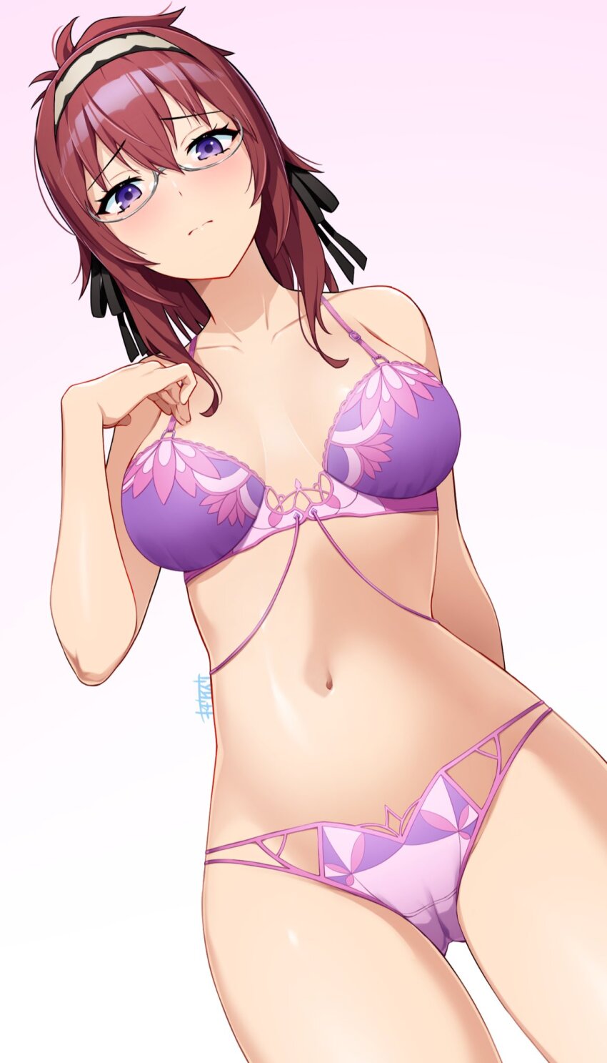 1girl blush bra breasts commentary embarrassed glasses headband highres lillia_greyrat looking_at_viewer mature_female mushoku_tensei navel panties purple_bra purple_hair purple_panties red_hair simple_background solo symbol-only_commentary tochi_keisuke underwear underwear_only white_background