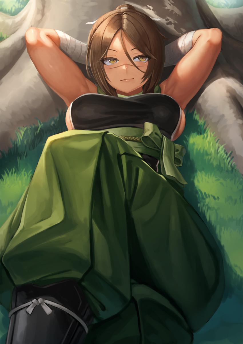 1girl ahoge bandaged_arm bandages bare_shoulders black_shirt blush breasts brown_eyes brown_hair fate/grand_order fate_(series) grass green_pants hair_between_eyes hair_ribbon hakama hakama_pants high_ponytail highres japanese_clothes large_breasts looking_at_viewer lying medium_hair obi on_back pants parted_bangs ponytail ranma_(kamenrideroz) ribbon sash scar scar_on_face scar_on_nose shirt sideboob sideless_outfit smile solo sugitani_zenjubou_(fate) tree