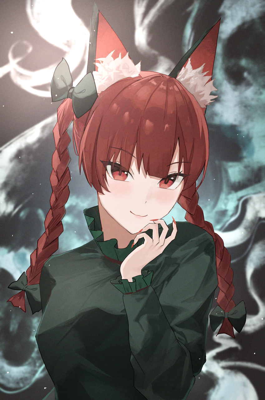 1girl absurdres animal_ear_fluff animal_ears black_bow bow braid cat_ears cat_girl closed_mouth fingernails hair_bow highres hitodama kaenbyou_rin long_hair long_sleeves looking_at_viewer palulap red_eyes red_hair red_nails sharp_fingernails side_braids slit_pupils smile smoke solo touhou tsurime twin_braids upper_body