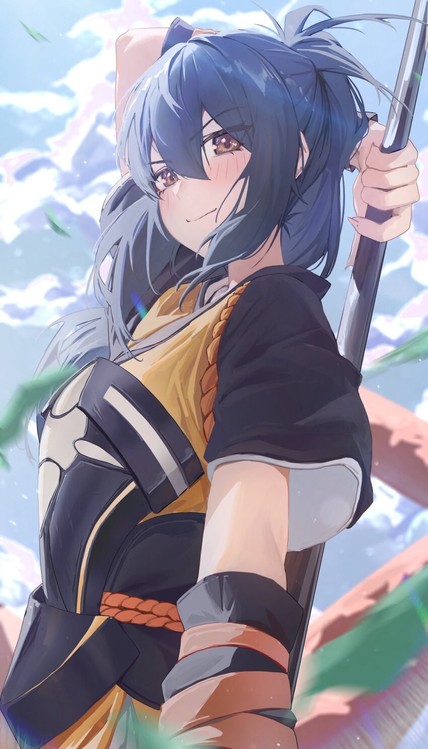 1girl apron armor blue_hair braid brown_eyes commission crown_braid fire_emblem fire_emblem_fates high_ponytail highres holding holding_polearm holding_weapon japanese_armor japanese_clothes naginata nintendo oboro_(fire_emblem) orange_apron polearm ponytail second-party_source weapon yoellim5