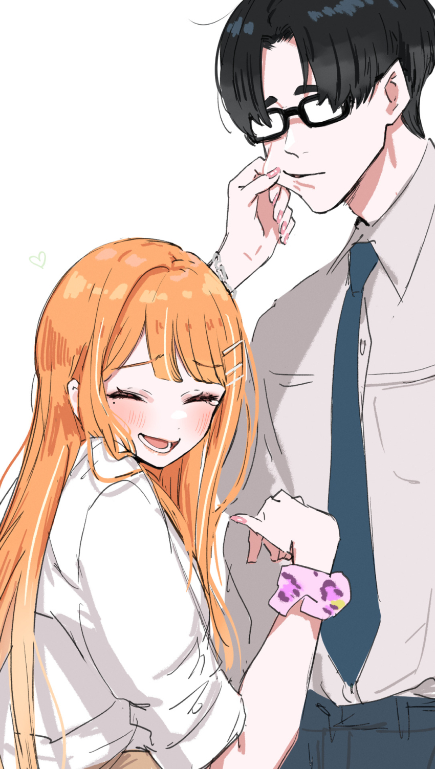 1boy 1girl ^_^ black-framed_eyewear black_hair blush cheek_pinching closed_eyes commentary_request fingernails gakuen_idolmaster glasses hetero highres idolmaster kasasagi_(futagodori888) laughing mole mole_under_eye nail_polish necktie orange_hair pinching producer_(idolmaster) scrunchie shirt shiun_sumika simple_background smile upper_body white_background white_shirt wrist_scrunchie