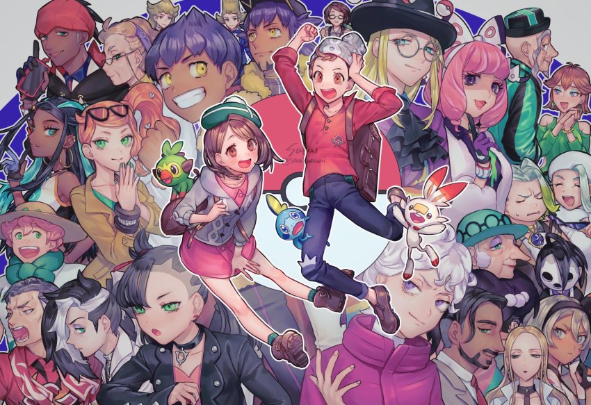 6+boys 6+girls ahoge allister_(pokemon) artist_name ascot asymmetrical_bangs avery_(pokemon) backpack bag baseball_cap bea_(pokemon) beanie bede_(pokemon) beige_headwear black_hair black_hairband black_headwear black_hoodie black_jacket black_neckwear blonde_hair bob_cut boots bow_hairband brown_bag brown_eyes brown_footwear brown_hair buttons cable_knit cardigan coat collared_dress collared_shirt commentary_request curly_hair dark-skinned_female dark-skinned_male dark_skin denim dress dynamax_band earrings eyeshadow eyewear_on_head facial_hair freckles fur_jacket fur_trim galar_mother game_freak gen_8_pokemon glasses gloria_(pokemon) gordie_(pokemon) green_eyes green_headwear green_legwear grey_cardigan grey_eyes grey_hair grey_headwear grookey group_picture gym_leader hair_between_eyes hair_ribbon hairband hat highres holding holding_poke_ball honey_(pokemon) hood hooded_cardigan hoodie hoop_earrings hop_(pokemon) jacket jeans jewelry kabu_(pokemon) klara_(pokemon) leon_(pokemon) long_hair magnolia_(pokemon) makeup marnie_(pokemon) mask mature_female melony_(pokemon) milo_(pokemon) mole mole_under_mouth mother_(pokemon) multicolored_hair multiple_boys multiple_girls mustard_(pokemon) necktie nessa_(pokemon) nintendo old old_man old_woman oleana_(pokemon) opal_(pokemon) open_mouth orange_hair pants piers_(pokemon) pink_dress pink_eyeshadow pink_hair pink_lips plaid_clothes plaid_legwear poke_ball poke_ball_(basic) pokemon pokemon_(creature) pokemon_swsh popped_collar purple_eyes purple_eyeshadow purple_hair raihan_(pokemon) red_lips red_neckwear red_ribbon red_shirt ribbon rose_(pokemon) round_eyewear sakai_(motomei) scorbunny shielbert_(pokemon) shirt shoes short_hair short_sleeves siblings side_ponytail sleeves_rolled_up smile sobble socks sonia_(pokemon) sordward_(pokemon) starter_pokemon_trio suitcase sun_hat sunglasses swept_bangs tam_o&#039;_shanter teeth top_hat torn_clothes torn_jeans torn_pants towel towel_around_neck two-tone_hair victor_(pokemon) white_coat white_hair white_headwear white_jacket white_shirt