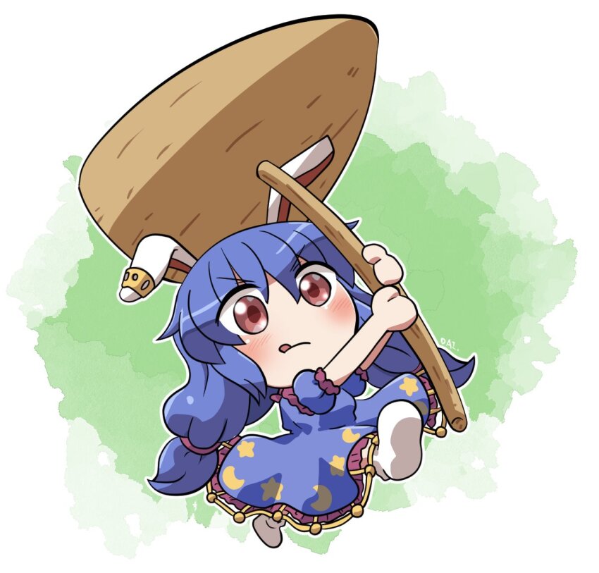 1girl :q animal_ears blue_dress blue_hair blush closed_mouth commentary_request crescent_print dress earclip full_body hands_up holding kine long_hair low_twintails mallet outline puffy_short_sleeves puffy_sleeves rabbit_ears rabbit_girl rokugou_daisuke seiran_(touhou) short_sleeves signature solo star_(symbol) star_print tongue tongue_out touhou twintails v-shaped_eyebrows walking white_footwear white_outline