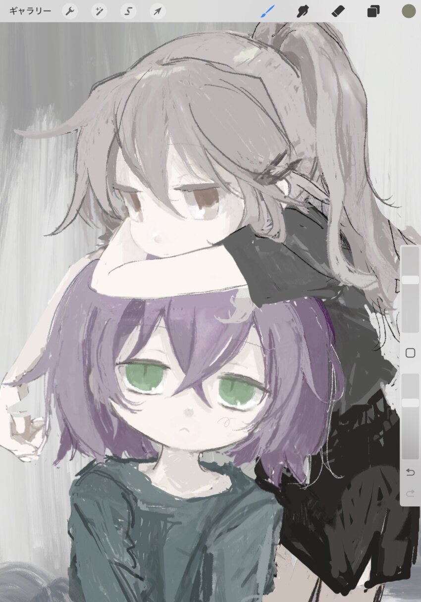 2girls :&lt; abstract_background agoshi_sakina arm_on_another&#039;s_head art_program_in_frame black_shirt black_skirt brown_eyes chin_rest commentary_request green_eyes green_sweater grey_background grey_hair head_on_head head_rest highres hitonatz long_hair looking_at_another looking_at_viewer looking_up multiple_girls null-meta ponytail purple_hair shinohara_kogome shirt short_hair short_sleeves skirt standing sweater upper_body