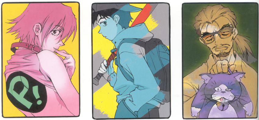 1girl 2boys backpack bag baseball_bat beard cat collar facial_hair father_and_son flcl glasses haruhara_haruko highres miyu_miyu multiple_boys mustache nandaba_kamon nandaba_naota official_art sadamoto_yoshiyuki short_hair the_pillows yellow_background