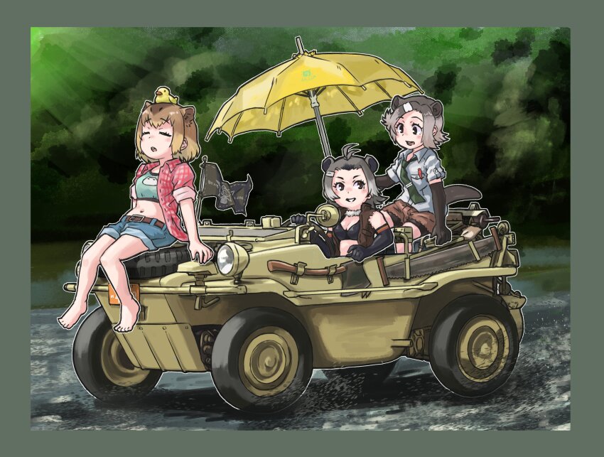 3girls absurdres american_beaver_(kemono_friends) amphibious_ground_vehicle animal_ears antenna_hair axe barefoot beach_umbrella beaver_ears beaver_tail belt bike_shorts bike_shorts_under_shorts black_eyes black_hair border bra brown_eyes brown_hair capybara_(kemono_friends) car closed_eyes commentary_request day driving elbow_gloves eurasian_beaver_(kemono_friends) extra_ears flag flag_on_vehicle fur_collar gloves green_sports_bra grey_hair hair_ornament hairclip hand_saw highres kemono_friends looking_at_another medium_hair motor_vehicle multicolored_hair multiple_girls necktie object_on_head on_car on_vehicle open_clothes open_mouth open_shirt open_vest outdoors plaid_clothes plaid_shirt river rubber_duck saw schwimmwagen shirt short_sleeves shorts sidelocks sitting smile sports_bra steering_wheel tail toriny torn_clothes torn_sleeves umbrella underwear vest water