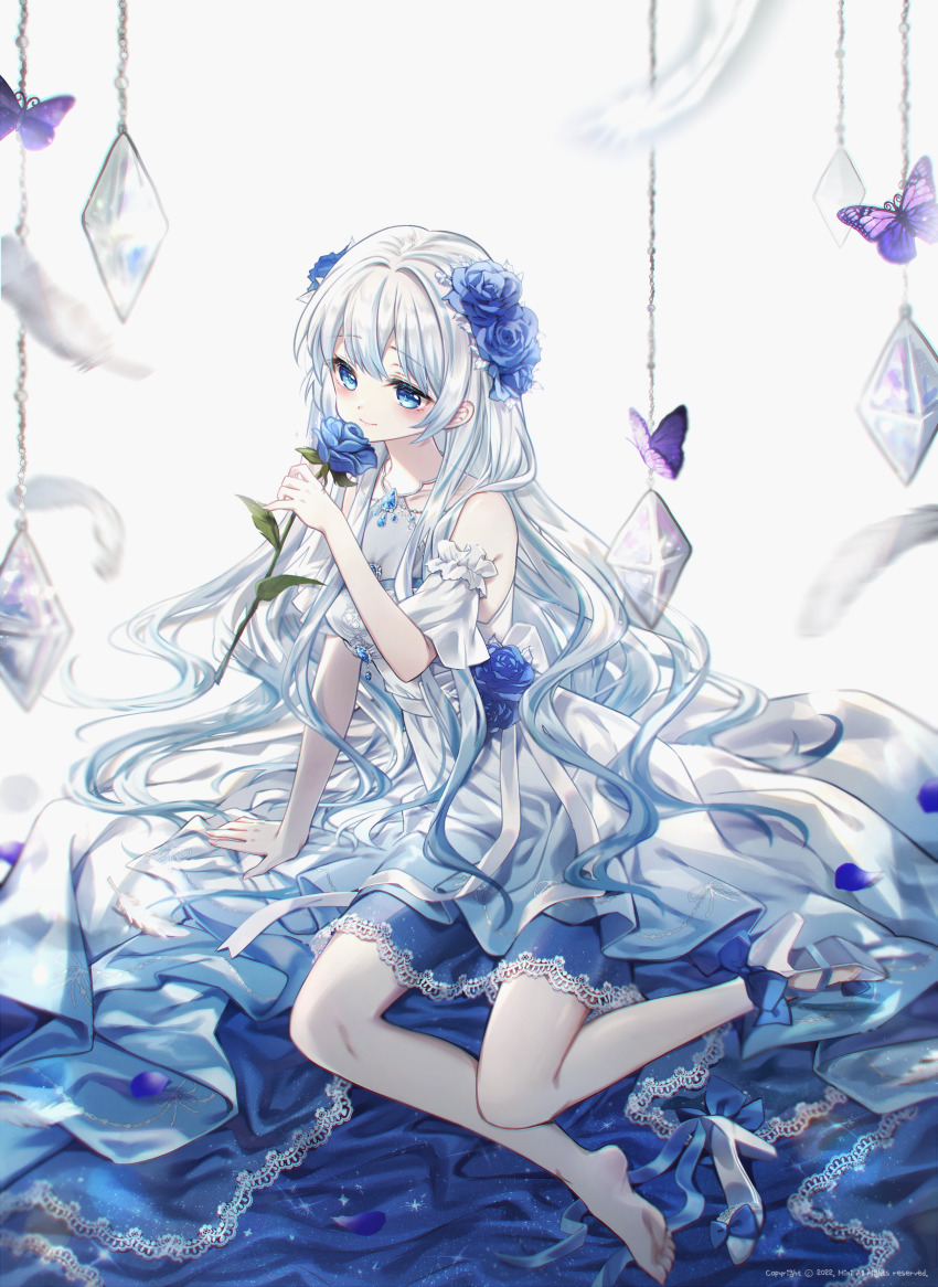 1girl absurdres animal arm_support bare_shoulders blue_eyes blue_flower blue_rose breasts bug butterfly closed_mouth commission danby_merong detached_sleeves dress feathers flower gradient_background grey_background hair_flower hair_ornament highres holding holding_flower insect long_hair medium_breasts original rose short_sleeves silver_hair sleeveless sleeveless_dress smile solo very_long_hair white_dress white_feathers white_sleeves