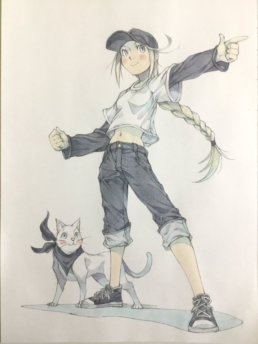 1girl animal bandana bandana_around_neck baseball_cap black_bandana black_hat black_pants black_shirt black_shoes blonde_hair braid cat closed_mouth clothed_animal commentary full_body grey_eyes hat highres layered_sleeves long_hair long_sleeves looking_to_the_side midriff navel original pants pants_rolled_up peter_salt pointing shirt shoes short_over_long_sleeves short_sleeves single_braid smile sneakers solo standing traditional_media white_background white_cat white_shirt