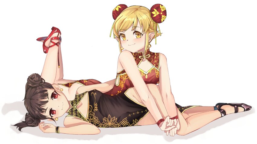 2girls alternate_costume bare_hips bare_legs black_dress black_hair black_shoes blonde_hair blush china_dress chinese_clothes cleavage_cutout closed_mouth clothing_cutout collarbone dot_nose double_bun dress eyebrows_hidden_by_hair feet_up female_focus full_body hachikuji_mayoi hair_bun high_heels loli looking_at_viewer lying matching_hair/eyes meemz_a monogatari_(series) multiple_girls naughty_face on_side on_stomach oshino_shinobu pelvic_curtain pointy_ears red_eyes red_shoes shoes short_hair simple_background sleeveless sleeveless_dress smile two-tone_dress vampire white_background yellow_dress yellow_eyes