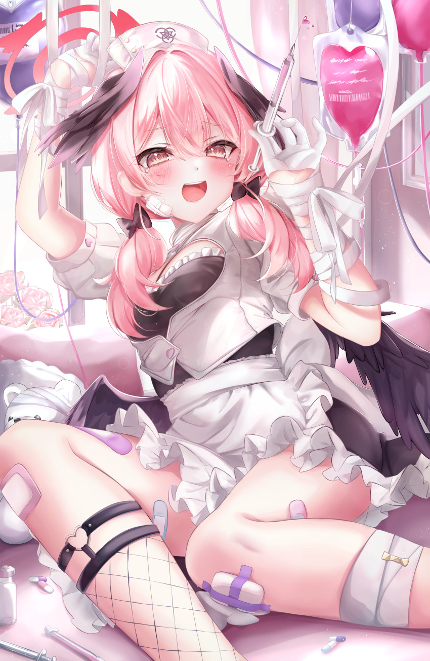 1girl absurdres alternate_costume apron arashiomoto arm_above_head arms_up bandaged_hand bandaged_leg bandages bandaid bandaid_on_knee bandaid_on_leg bandaid_on_thigh black_bow black_wings blue_archive blush bow breasts buckle crying crying_with_eyes_open feathered_wings fishnet_socks fishnets flower frills gloves hair_between_eyes hair_bow half_gloves halo hat head_wings heart heart-shaped_buckle highres holding holding_syringe indoors koharu_(blue_archive) loli long_hair low_twintails low_wings nurse_cap open_mouth pink_eyes pink_hair pink_halo ribbon short_sleeves single_fishnet_legwear small_breasts smile socks solo stuffed_animal stuffed_toy syringe teardrop tears teddy_bear teeth thighs trinity_general_school_logo twintails upper_teeth_only white_apron white_flower white_gloves white_ribbon window winged_hat wings