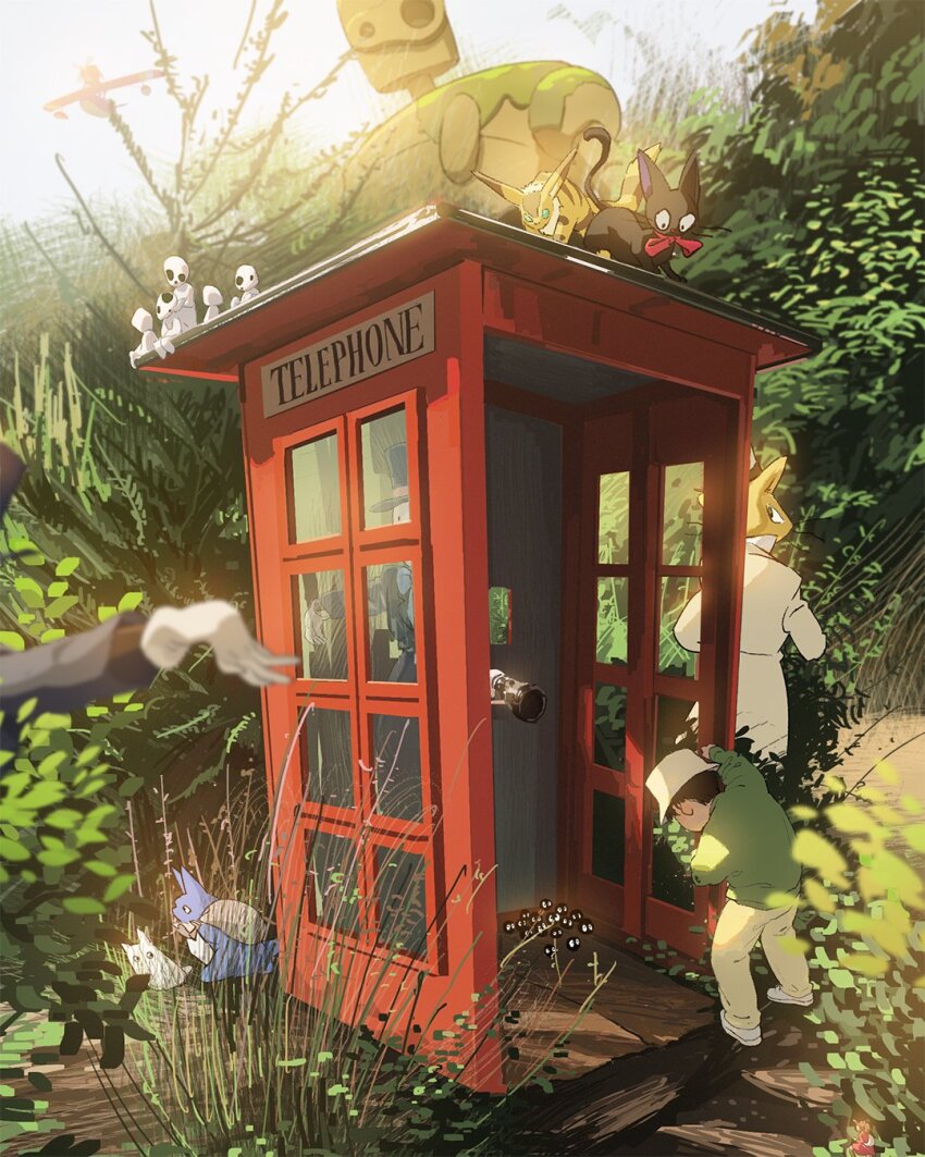 3boys aircraft airplane black_hair bush cat character_request commentary day english_commentary facing_away full_body grass green_jacket hat highres holding holding_sack howl_no_ugoku_shiro jacket jiji_(majo_no_takkyuubin) kakashi_no_kabu kaze_no_tani_no_nausicaa kurenai_no_buta laputa_robot long_sleeves majo_no_takkyuubin multiple_boys neko_no_ongaeshi orenji_(orenjikunart) outdoors outstretched_arm pants phone_booth plant red_ribbon ribbon robot sack savoia_s.21 short_hair standing studio_ghibli susuwatari tenkuu_no_shiro_laputa teto_(nausicaa) the_baron_(mimi_wo_sumaseba) tonari_no_totoro totoro tree white_headwear yellow_pants