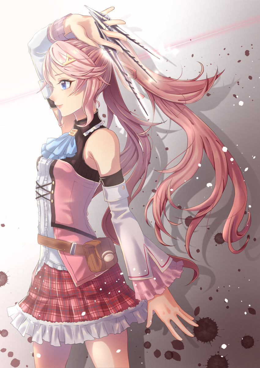 1girl absurdres arm_up ascot belt_pouch between_fingers blood blood_stain blue_ascot blue_eyes dart detached_sleeves eiyuu_densetsu hair_ornament hairclip hajimari_no_kiseki highres holding holding_dart holding_knife knife knives_between_fingers layered_skirt long_hair long_sleeves miniskirt nadia_rayne needle pink_hair plaid_clothes plaid_skirt pouch sivaaoi7 skirt solo standing swept_bangs twintails very_long_hair