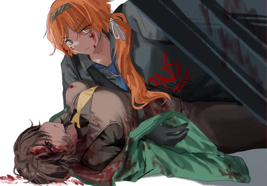 1boy 1girl black_shirt blood blood_on_clothes blood_on_face breasts brown_hair brown_pants brown_vest closed_mouth collared_shirt genderswap genderswap_(ftm) genderswap_(mtf) green_eyes green_jacket hair_ribbon heathcliff_(project_moon) ishmael_(project_moon) jacket large_breasts lccb_(identity)_(project_moon) limbus_company long_hair long_sleeves low_ponytail neckerchief ngancurindunia orange_hair pants ponytail project_moon purple_eyes recursive_genderswap ribbon seven_association_south_uniform shielding shirt short_hair simple_background vest white_background white_ribbon yellow_neckerchief