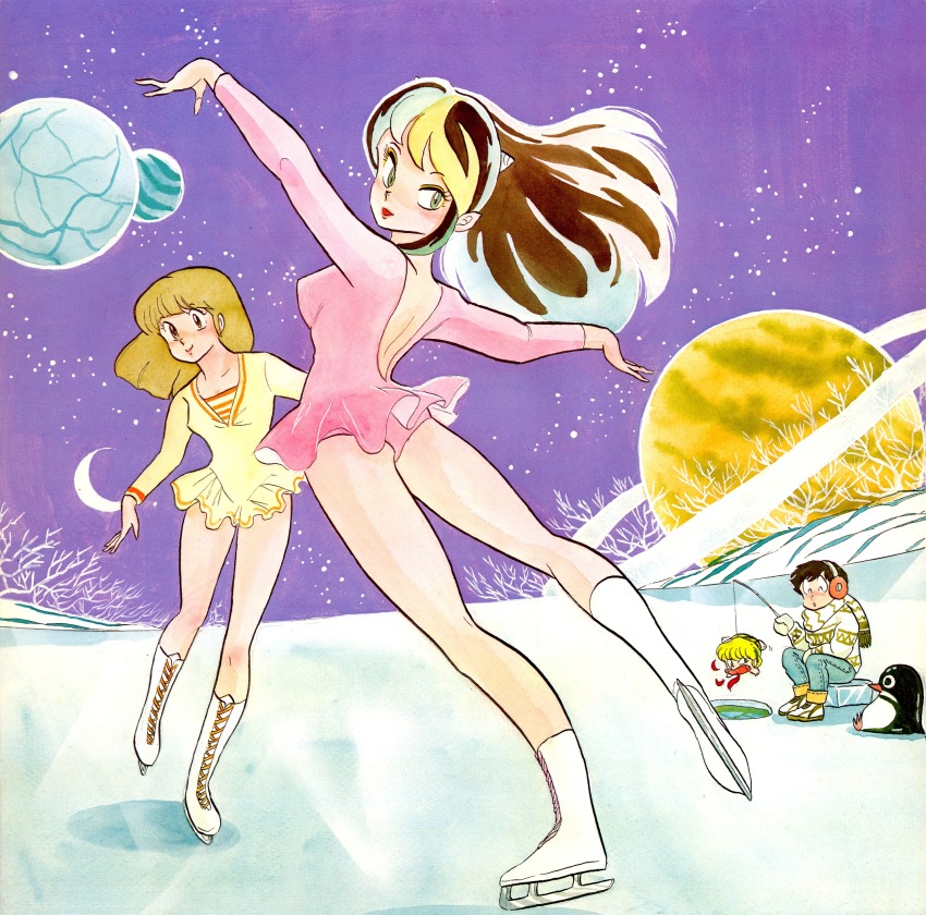 2boys 2girls ^_^ backless_dress backless_outfit bare_tree bird black_hair blonde_hair blush boots breath_weapon breathing_fire brown_hair closed_eyes cone_horns crescent_moon denim dress earmuffs fang fire fishing_rod frilled_skirt frills frozen_lake full_body highres holding holding_fishing_rod horns ice_skates ice_skating jeans lace-up_boots leotard looking_back lum miyake_shinobu moon moroboshi_ataru multicolored_hair multiple_boys multiple_girls non-web_source official_art pants penguin pink_leotard planet planetary_ring purple_sky scarf single_horn sitting skates skating skirt sky standing standing_on_one_leg star_(sky) starry_sky sweater takahashi_rumiko ten_(urusei_yatsura) tree urusei_yatsura white_footwear yellow_leotard