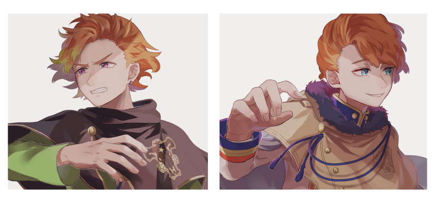 2boys annoyed black_bulls_(emblem) black_clover blue_eyes border brothers brown_hair capelet clenched_teeth column_lineup ear_piercing emblem finral_roulacase fur-trimmed_capelet fur_trim furrowed_brow golden_dawn_(emblem) hand_up highres insignia langris_vaude long_sleeves male_focus multiple_boys nasaya_(sayayu) opposing_sides piercing purple_eyes short_hair siblings simple_background smile symmetry tassel teeth v-shaped_eyebrows white_border
