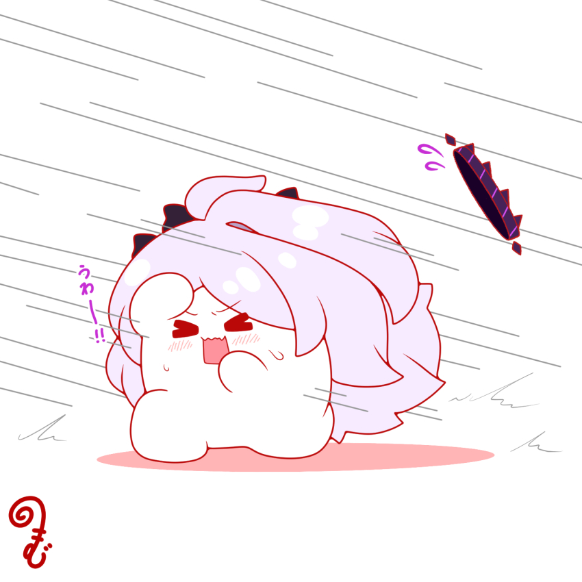&gt;_&lt; ^^^ ahoge arm_up blue_archive blush chibi closed_eyes colored_shadow flying_sweatdrops grey_hair hair_ornament hairclip halo highres hina_(blue_archive) horns kurukurumagical long_hair open_mouth parted_bangs shadow simple_background single_hair_intake solo sweat translation_request very_long_hair white_background wind