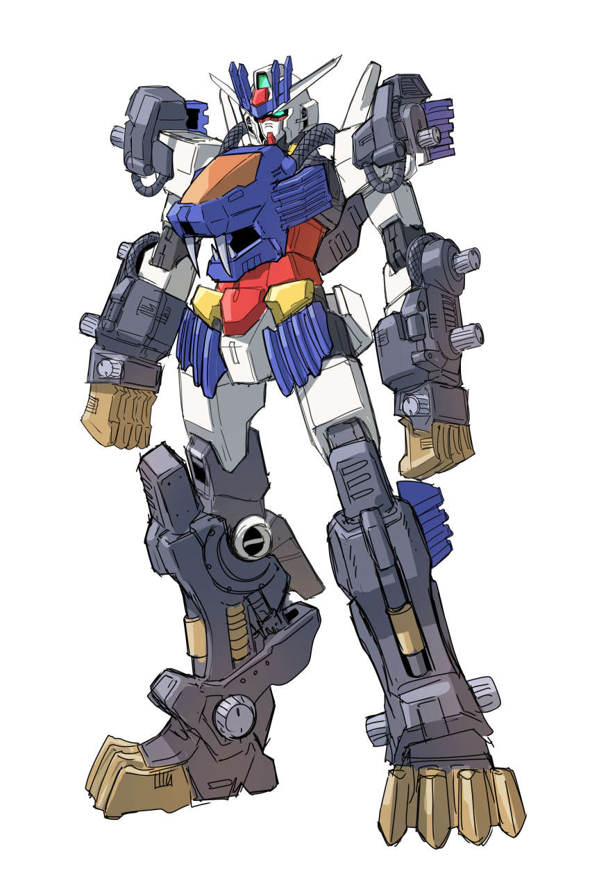 absurdres blue_eyes claws core_gundam crossover fusion glowing glowing_eyes gundam gundam_build_divers gundam_build_divers_re:rise highres mecha no_humans robot shield_liger solo standing sukekiyo56 weapon white_background zoids zoids_chaotic_century