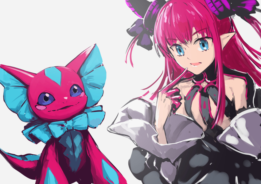152_in_can 1girl absurdres bare_shoulders black_dress blue_eyes colored_skin digimon digimon_(creature) dress elizabeth_bathory_(fate) elizamon fate/extra fate/extra_ccc fate_(series) highres name_connection pink_hair pink_skin pointy_ears simple_background two_side_up upper_body white_background