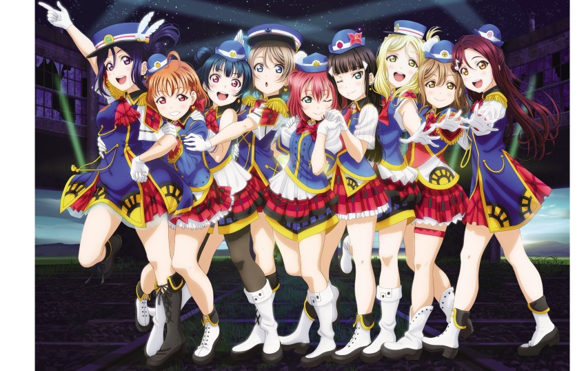 6+girls :d ahoge aqua_eyes artbook black_hair blonde_hair blue_eyes blue_hair boots bow braid brown_hair gloves grey_hair hair_ornament happy_party_train hat highres knee_boots kunikida_hanamaru kurosawa_dia kurosawa_ruby leg_up long_hair looking_at_viewer love_live! love_live!_sunshine!! matsuura_kanan miniskirt mole mole_under_mouth multiple_girls night night_sky non-web_source official_alternate_costume official_art ohara_mari one_eye_closed open_mouth orange_hair outdoors pantyhose pleated_skirt ponytail purple_eyes purple_hair red_bow red_eyes red_hair red_skirt sakurauchi_riko short_hair short_sleeves shorts skirt sky smile standing star_(sky) starry_sky takami_chika thigh_strap tsushima_yoshiko watanabe_you white_gloves yellow_eyes