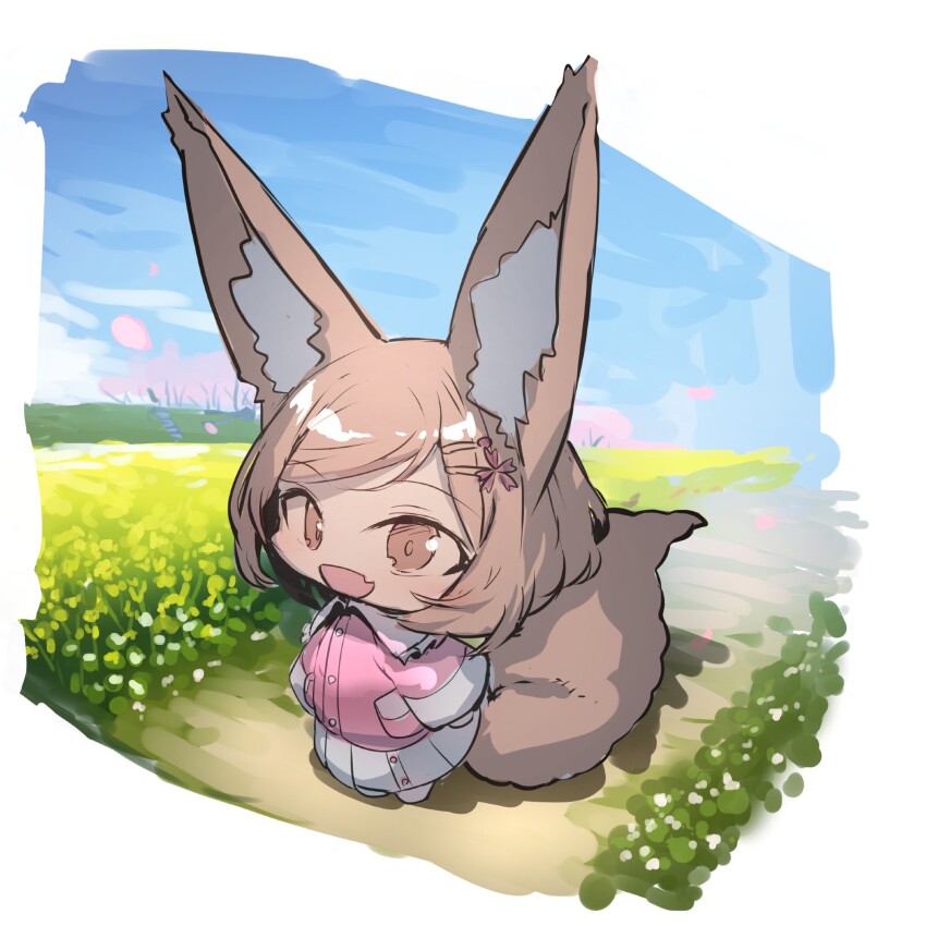 1girl :d animal_ear_fluff animal_ears blue_sky brown_eyes brown_hair collared_shirt commentary_request day dress_shirt fang field flower flower_field fox_ears fox_girl fox_tail frilled_shirt_collar frills hair_ornament hairclip highres long_sleeves looking_at_viewer open_mouth original pink_shirt pleated_skirt shirt short_hair skirt sky sleeves_past_wrists smile solo swept_bangs tail white_skirt wide_sleeves yellow_flower yuuji_(yukimimi)