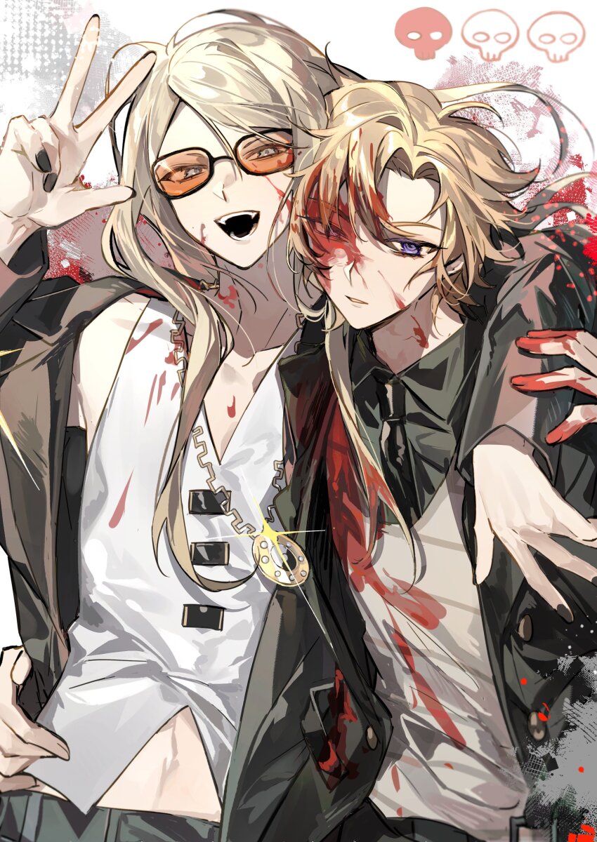 23hr55min 2boys absurdres black_coat black_pants blonde_hair blood blood_on_face blue_eyes coat daybit_sem_void fate/grand_order fate_(series) highres long_hair multiple_boys pants purple_eyes sunglasses tezcatlipoca_(fate)