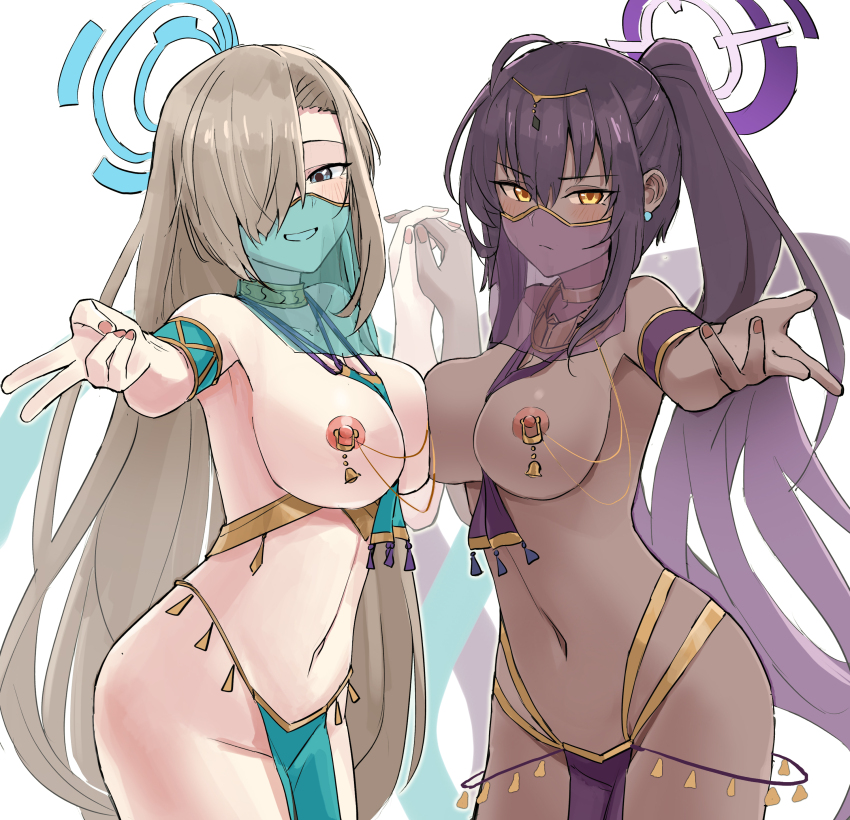 2girls absurdres asuna_(blue_archive) black_hair blue_archive blue_eyes blush breast_curtains breasts commission dancer dark-skinned_female dark_skin grin halo harem_outfit highres jtleeklm karin_(blue_archive) large_breasts light_brown_hair linked_piercing long_hair looking_at_viewer mouth_veil multiple_girls navel nipple_chain nipple_piercing nipples piercing pixiv_commission revealing_clothes smile thighs veil yellow_eyes