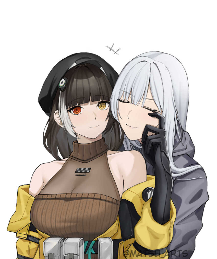 2girls absurdres ak-12_(faint_light_of_furthest_day)_(girls&#039;_frontline) ak-12_(girls&#039;_frontline) bare_shoulders belt beret black_gloves blush breasts brown_hair brown_sweater_vest cleavage closed_eyes closed_mouth clothes_pull collarbone commentary commission elbow_gloves english_commentary finger_to_another&#039;s_cheek girls&#039;_frontline girls&#039;_frontline_2:_exilium gloves grey_hair grey_jacket hat heterochromia highres jacket jacket_pull lips long_hair long_sleeves looking_at_viewer matsu_arts medium_breasts multicolored_hair multiple_girls official_alternate_costume red_eyes ro635_(girls&#039;_frontline) robella_(girls&#039;_frontline_2) sidelocks smile streaked_hair sweater_vest twitter_username upper_body white_background yellow_eyes yellow_jacket