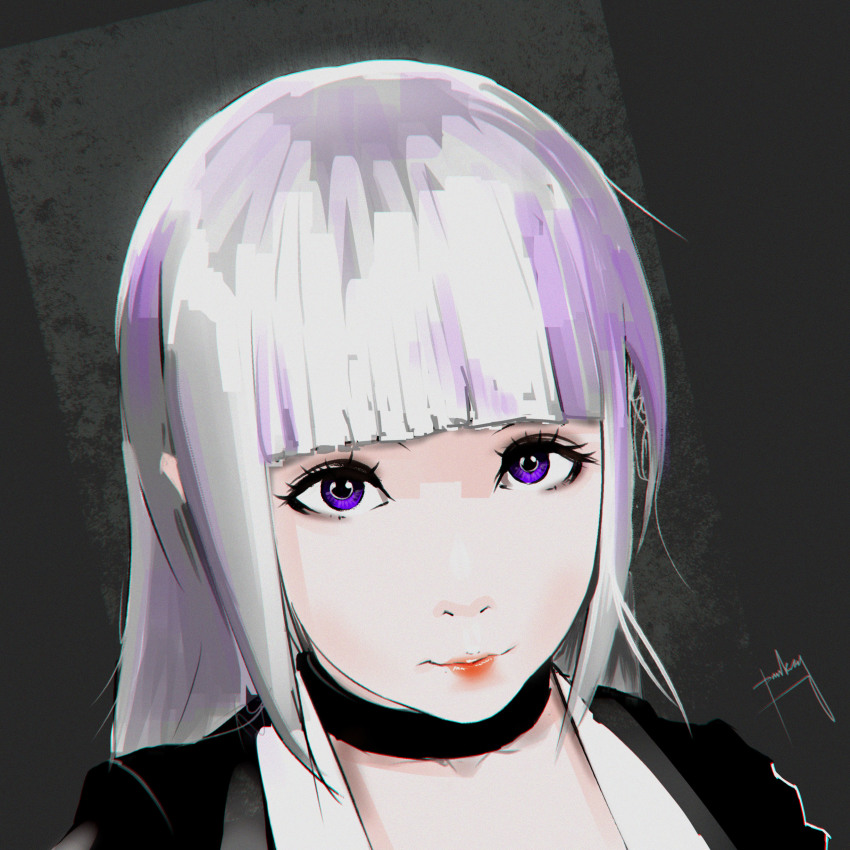 1girl absurdres black_choker blunt_bangs choker closed_mouth eyelashes female_focus highres long_hair looking_at_viewer multicolored_hair original portrait purple_eyes red_lips sergey_orlov simple_background solo streaked_hair white_hair