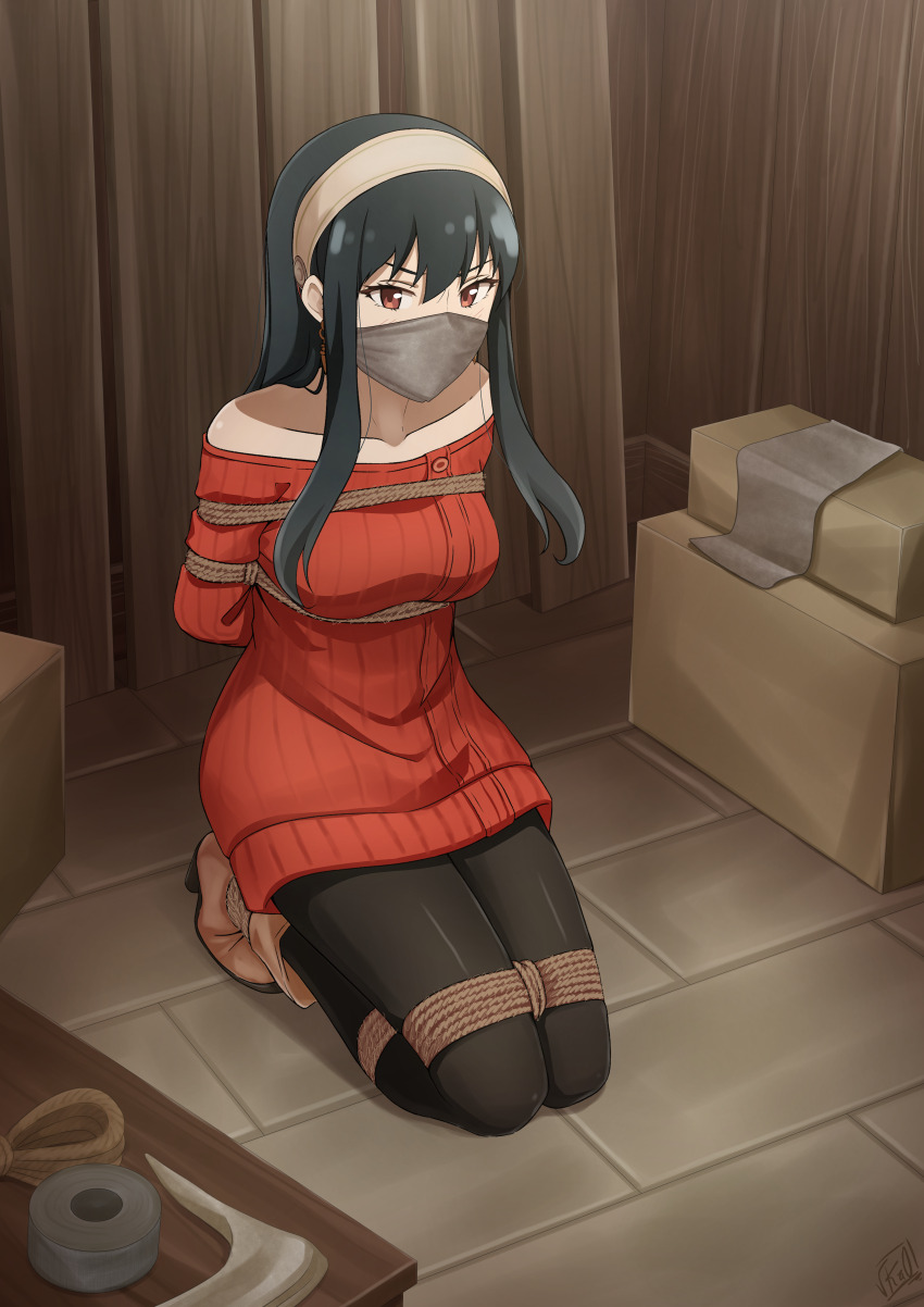 1girl absurdres arms_behind_back bare_shoulders bdsm black_hair black_pantyhose bondage boots bound bound_ankles bound_legs breasts brick_floor brown_boots cloth_gag commentary commission dress gag gagged hairband highres improvised_gag indoors long_hair looking_at_viewer medium_breasts off-shoulder_dress off-shoulder_sweater off_shoulder over_the_nose_gag pantyhose red_dress red_eyes red_sweater rope seiza sitting solo spy_x_family sweater sweater_dress vakaosciosa yor_briar