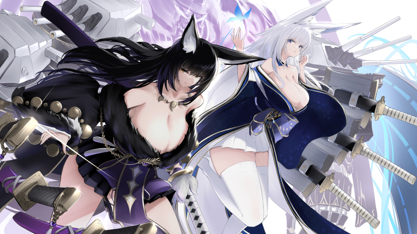 2girls absurdres animal_ear_fluff animal_ears azur_lane bare_shoulders beads black_hair black_kimono blue_butterfly blue_collar blue_kimono breasts bug butterfly cleavage collar facial_mark flight_deck fox_ears fox_girl fur-trimmed_kimono fur_trim gold_trim highres huge_breasts insect japanese_clothes jewelry katana kimono kitsune long_sleeves looking_at_viewer low_neckline magatama magatama_necklace multiple_girls multiple_swords musashi_(azur_lane) necklace prayer_beads purple_hair ryosuke1225 sheath sheathed shinano_(azur_lane) ship_turret sword weapon wide_sleeves yellow_eyes