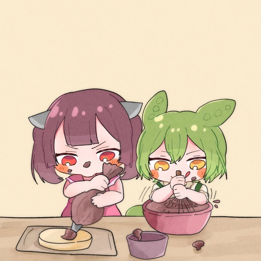 2girls baking blush bowl brown_hair dress food food_on_face green_hair highres holding holding_pastry_bag messy multiple_girls pastry_bag pink_dress red_eyes short_sleeves stirring suspenders touhoku_kiritan voiceroid voicevox vvv_fnk yellow_eyes zundamon