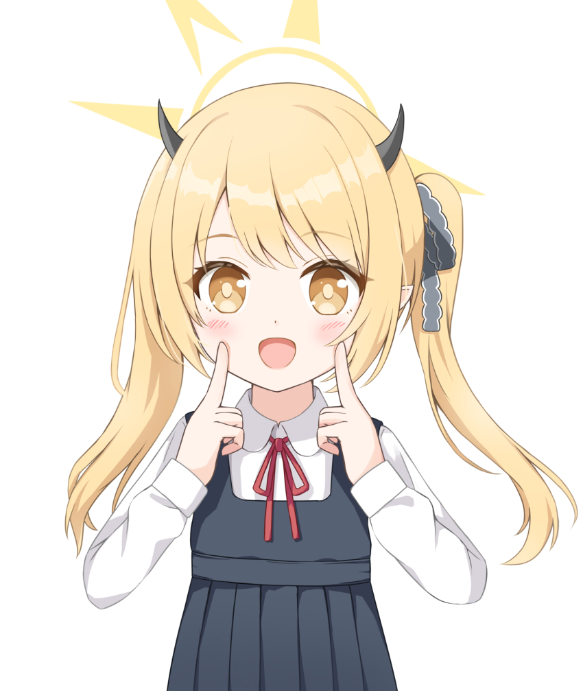 1girl blonde_hair blue_archive blush dress fagai highres horns ibuki_(blue_archive) index_fingers_raised looking_at_viewer open_mouth pinafore_dress sleeveless sleeveless_dress solo yellow_eyes