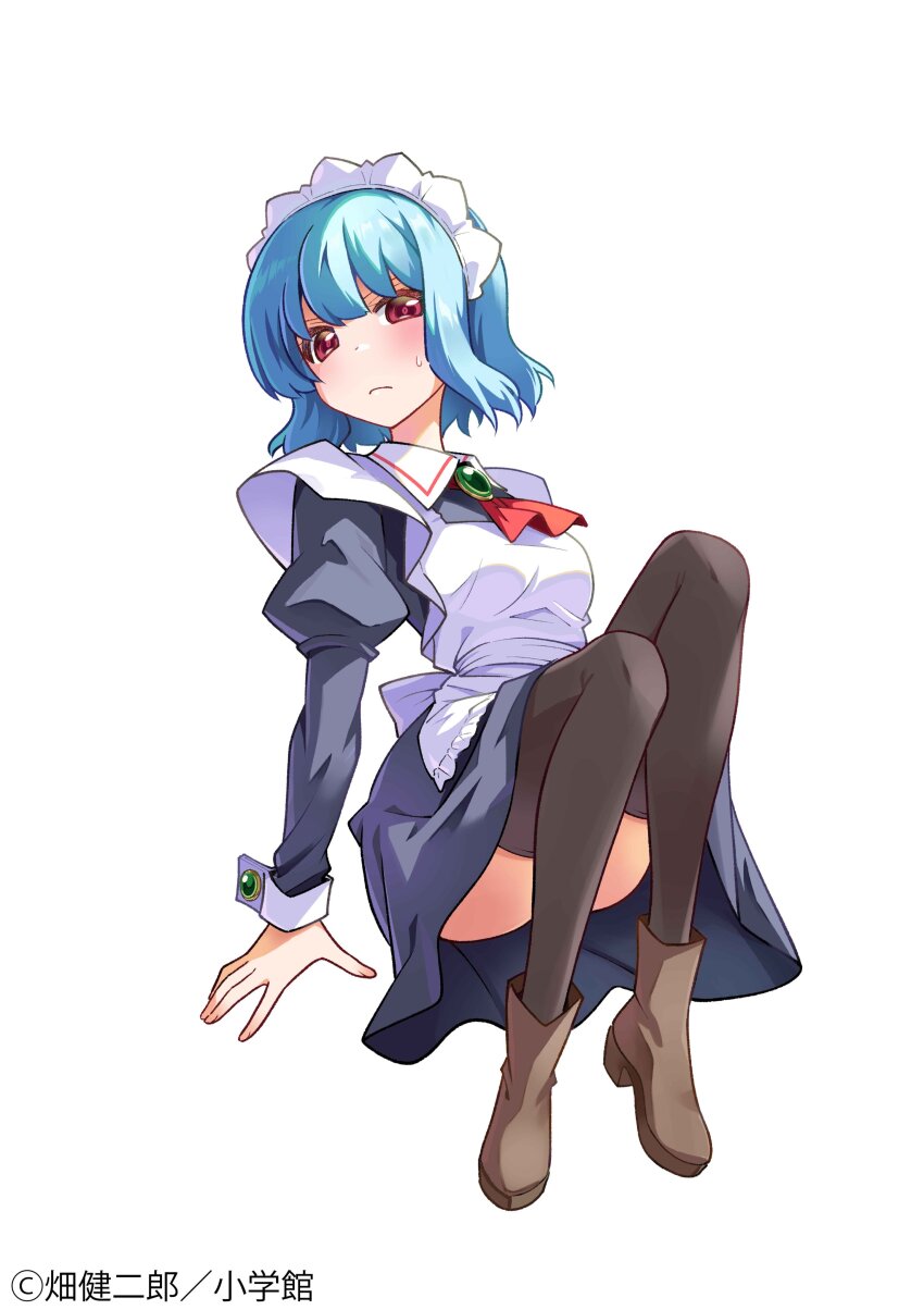 1girl absurdres apron blue_hair blush boots breasts cosplay dress hata_kenjirou hayate_no_gotoku! highres jewelry juliet_sleeves long_sleeves looking_at_viewer looking_down maid maid_apron maid_headdress maria_(hayate_no_gotoku!) maria_(hayate_no_gotoku!)_(cosplay) medium_breasts navel official_art puffy_sleeves red_eyes short_hair simple_background sitting solo suirenji_ruka thighhighs
