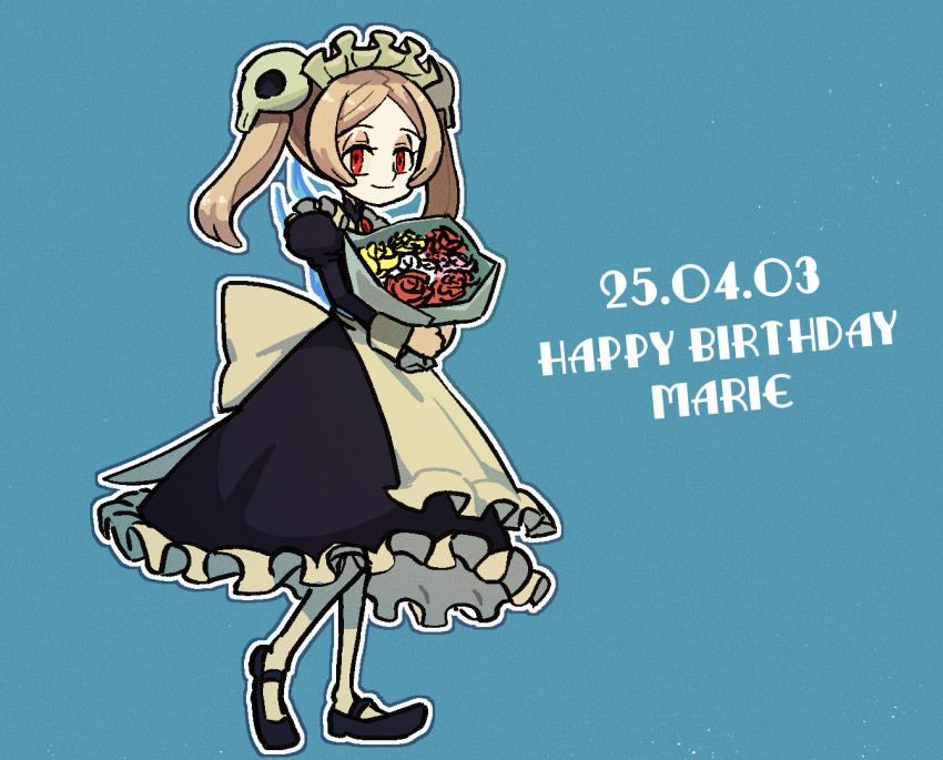 1girl 2025 apron birthday bloody_marie_(skullgirls) blue_background bouquet brooch character_name dress flower frilled_apron frilled_dress frills full_body grey_hair hair_ornament half-closed_eyes holding holding_bouquet jewelry juliet_sleeves kuroirozuki long_sleeves looking_at_viewer maid_headdress mary_janes pantyhose puffy_sleeves red_eyes shoes skull_hair_ornament skullgirls smile solo twintails walking