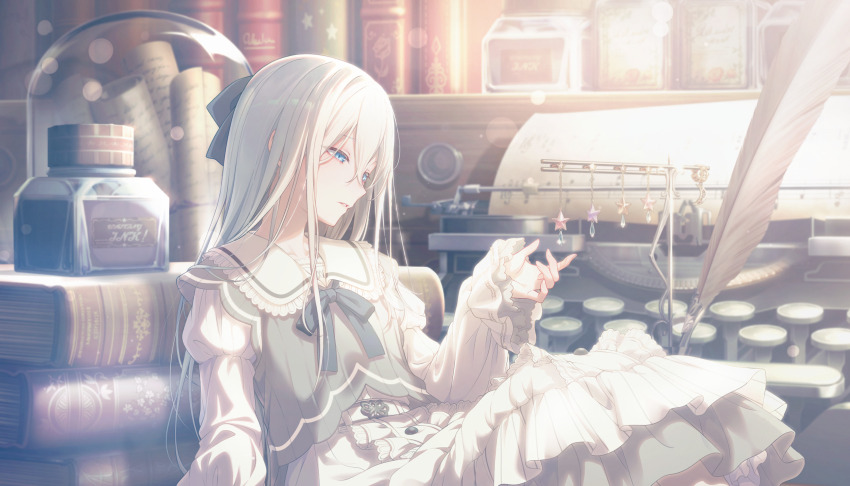 1girl black_bow blue_eyes book book_stack bow cabinet center_frills colorful_palette crossed_bangs dress feet_out_of_frame frilled_dress frilled_sleeves frills green_dress grey_bow highres inkwell juliet_sleeves layered_dress leaning_on_object long_hair long_sidelocks long_sleeves mini_person official_art parted_lips pleated_shirt project_sekai puffy_sleeves quill show_your_shine_(project_sekai) sidelocks sleeves_past_wrists solo star_ornament third-party_source typewriter very_long_hair white_hair yoisaki_kanade
