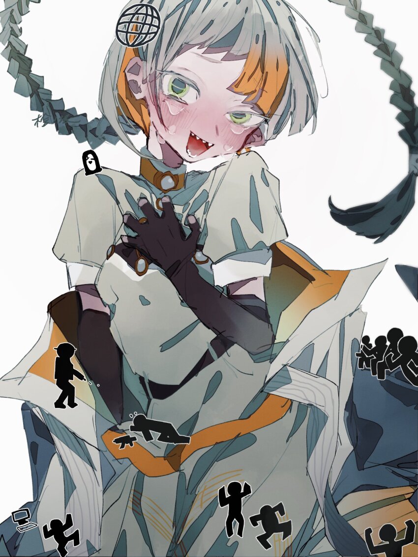 1girl arm_at_side baka_tsuushin_(voisona) belt black_belt black_gloves blush braid braided_ponytail cameo chibi chibi_inset chis-a clutching_chest coat coat_partially_removed colombia_pose_(meme) cowboy_shot crying crying_with_eyes_open elbow_gloves floating_hair gaijin_4koma_(meme) gloves green_eyes grey_coat grey_hair grey_shirt grey_skirt highres hinoki_(yesfish1117) long_hair long_skirt looking_at_viewer meme multicolored_hair open_mouth orange_hair puffy_short_sleeves puffy_sleeves sharp_teeth shirt short_sleeves simple_background skirt smile solo standing stick_figure streaked_hair tears teeth uboa uneven_bangs uneven_eyes very_long_hair voisona white_background youkai_gyaru_(meme) yume_nikki