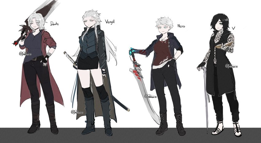 4girls absurdres arm_tattoo black_coat black_gloves black_hair black_pants blue_eyes blush boots breasts cane closed_mouth coat dante_(devil_may_cry) devil_bringer devil_may_cry_(series) devil_may_cry_5 fingerless_gloves full-body_tattoo full_body genderswap genderswap_(mtf) gloves hair_slicked_back highres holding holding_cane holding_sword holding_weapon kai_(drakkai10) katana knee_boots long_hair long_sleeves mechanical_arms medium_breasts miniskirt multiple_girls nero_(devil_may_cry) pants rebellion_(sword) red_coat red_queen_(sword) short_hair single_mechanical_arm skirt sleeveless sleeveless_coat smile standing sword tattoo v_(devil_may_cry) vergil_(devil_may_cry) weapon white_hair yamato_(sword)