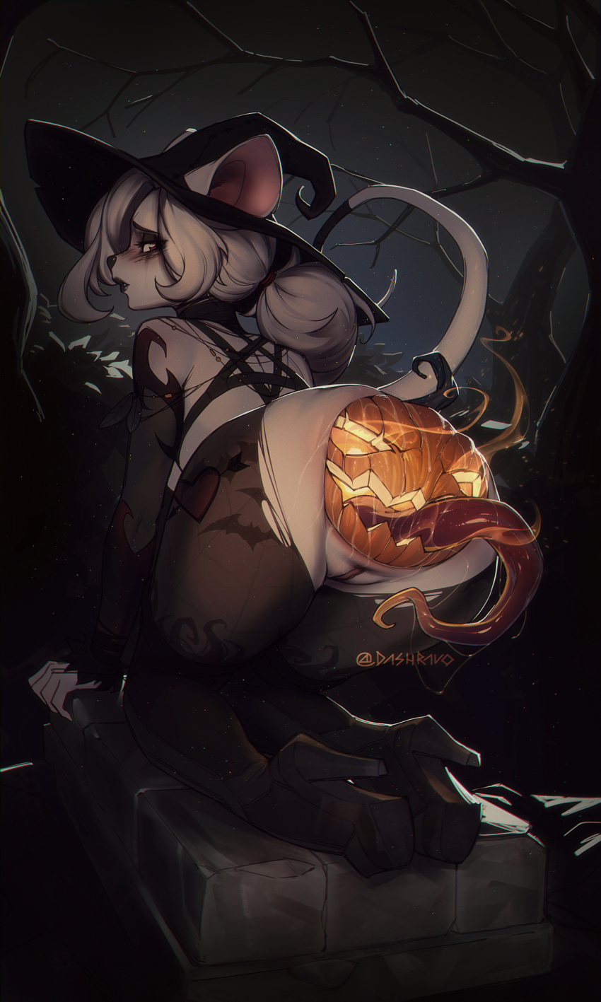 1girl all_fours anal anal_object_insertion animal_ears artist_name black_headwear black_pantyhose black_skin black_sleeves colored_skin dash_ravo detached_sleeves ears_through_headwear extreme_gaping from_behind gaping grey_hair hat high_heels highres long_hair long_tongue looking_back mouse_ears mouse_girl object_insertion original pantyhose ponytail pumpkin pussy tongue torn_clothes torn_pantyhose tree witch_hat