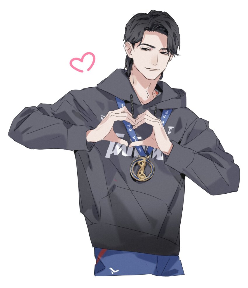 1boy 2024_wbsc_premier12 animification asian bite_mark bite_mark_on_neck black_eyes black_hair black_hoodie blue_pants chen_chieh-hsien chinese_taipei_national_baseball_team closed_mouth commentary cropped_legs curtained_hair forehead hashtag-only_commentary heart heart_hands highres hood hood_down hoodie lanyard light_smile long_sleeves looking_to_the_side maeof11 male_focus medal pants pocket real_life short_hair simple_background solo symbol-only_commentary taiwan white_background