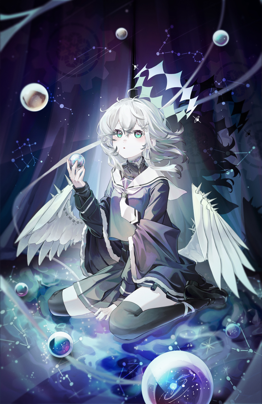 1girl absurdres ahoge aqua_eyes black_hair black_jacket black_skirt black_thighhighs blush bubble constellation constellation_print curtains eyelashes feathered_wings floating_hair fur_trim gradient_clothes gradient_hair gradient_shirt grey_hair hair_between_eyes hair_ornament hairpin halo highres holding holding_orb jacket light long_sleeves looking_at_viewer medium_hair multicolored_eyes multicolored_hair neckerchief orb original parted_lips pleated_skirt sailor_collar school_uniform shadow shirt sidelocks sitting skirt solo thighhighs toga_(toganawa) wariza white_hair white_halo white_neckerchief white_sailor_collar white_wings wing_armor wings zipper zipper_pull_tab