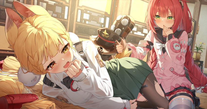 2girls absurdres alice_thymefield animal_ear_fluff animal_ears black_hat black_pantyhose blonde_hair blush bow braid breasts covering_own_mouth fang grabbing_another&#039;s_tail green_eyes green_skirt hair_bow hat highres jacket large_breasts looking_at_viewer low_twin_braids maeru multiple_girls open_mouth pantyhose pink_hair pink_jacket rabbit_ears rabbit_girl rabbit_tail short_hair skin_fang skirt small_breasts smile tail thigh_strap torn_clothes torn_pantyhose twin_braids ukinami_yuzuha unworn_hat unworn_headwear white_bow yellow_eyes zenless_zone_zero