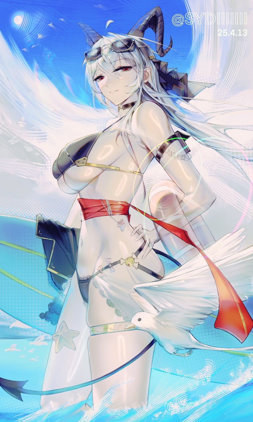 1girl absurdres alternate_costume bare_shoulders bikini bird black_bikini black_horns black_tail black_veil blue_sky breasts chinese_commentary commentary commentary_request cowboy_shot curled_horns day english_commentary eyewear_on_head from_side grey_hair hair_between_eyes hand_on_own_hip highres holding holding_surfboard holding_swim_ring horns innertube jewelry large_breasts long_hair looking_at_viewer mixed-language_commentary multilingual_commentary navel outdoors parted_lips partial_commentary red_eyes sky smile solo stomach sunglasses surfboard swim_ring swimsuit sydiiiiiii thighlet veil very_long_hair wading white_bird wuthering_waves zani_(wuthering_waves)