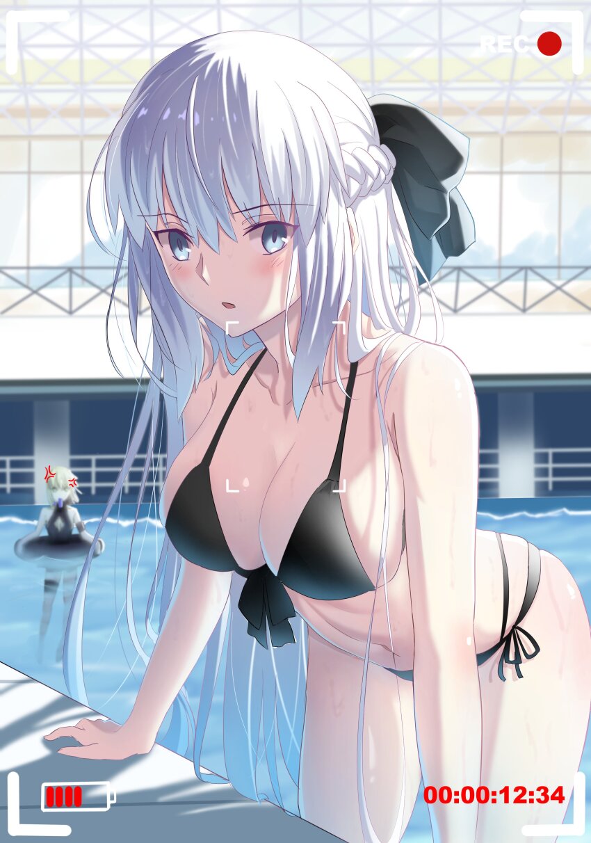 2girls absurdres anger_vein artoria_pendragon_(fate) artoria_pendragon_alter_(swimsuit_rider)_(fate) artoria_pendragon_alter_(swimsuit_rider)_(first_ascension)_(fate) bare_shoulders bikini black_bikini black_bow black_one-piece_swimsuit blonde_hair blue_eyes blush bow braid breasts cleavage_cutout clothing_cutout fate/grand_order fate_(series) food hair_bow half_up_braid highres large_breasts long_hair longdq3008 looking_at_viewer morgan_le_fay_(fate) multiple_girls navel one-piece_swimsuit open_mouth pool popsicle recording siblings side-tie_bikini_bottom sisters swimsuit very_long_hair viewfinder white_hair