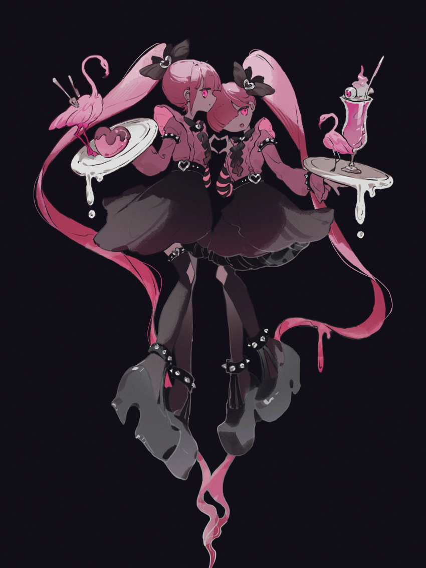 2girls absurdres bird black_background black_shoes black_skirt black_thighhighs bow flamingo food full_body hair_bow heart heart_hands heart_hands_duo highres holding holding_tray ice_cream ice_cream_float lankilanki long_hair long_sleeves multiple_girls original pink_eyes pink_hair pink_shirt platform_shoes ponytail shirt shoes simple_background skirt thighhighs tray very_long_hair