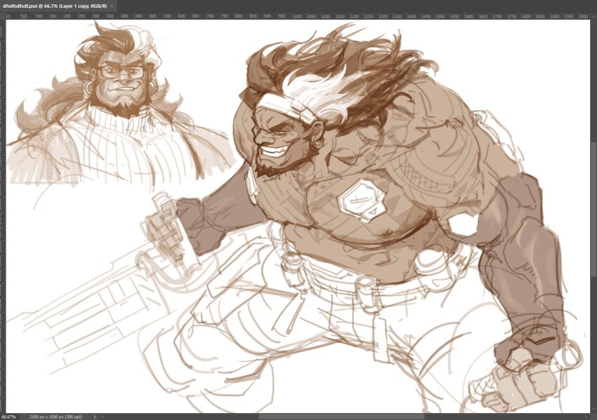 1boy abs alternate_costume bara beard bespectacled black_hair brown_theme chest_tattoo dark-skinned_male dark_skin fighting_stance from_above full_beard glasses gokotan gun holding holding_gun holding_weapon huge_pectorals legs_apart looking_ahead male_focus mature_male mauga_(overwatch) monochrome muscular muscular_male nipples overwatch overwatch_2 pants pectorals sidepec sketch standing strongman_waist sweater tattoo thick_eyebrows topless_male weapon