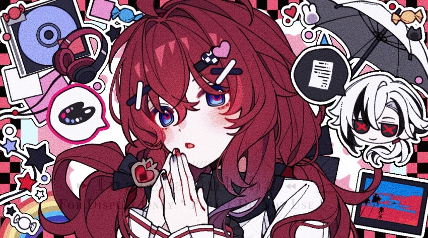 1girl abstract_background arlecchino_(genshin_impact) blue_eyes blush chibi closed_mouth commentary_request commission couple frilled_sleeves frills genshin_impact gradient_hair hair_between_eyes hair_ornament hands_up head_only head_tilt inaterayukiha light_smile long_hair long_sleeves looking_at_viewer low_ponytail mixed-language_commentary multicolored_hair multicolored_nails multiple_girls oc_x_canon open_mouth original own_hands_together ponytail red_hair red_pupils solo streaked_hair symbol-shaped_pupils too_many_hair_ornaments wavy_hair x-shaped_pupils x_x