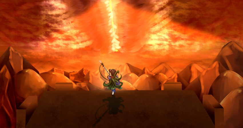 absurdres adagumo_no_yaorochi black_hair detached_sleeves earthen_miraculous_sword green_scarf highres japanese_clothes len&#039;en multiple_tails scarf scenery side_ponytail snake_tail solo sword_of_kusanagi tail tasouken weapon
